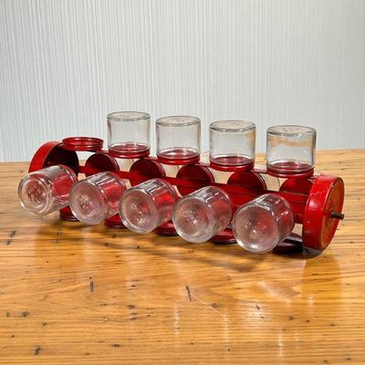 VINTAGE RED STEEL GLASS HARDWARE ROTATING STORAGE | Vintage rotating nuts n bolts rack. Rust-free and original paint. All jars are...