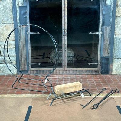 TUBULAR METAL LOG RACK & FIREPLACE TOOLS | Including; log rack, fireplace grate, and fireplace tools. - w. 36 x h. 41 in (log rack)


