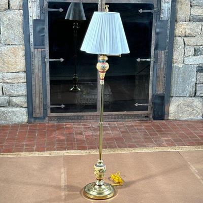 ENAMELED SWING ARM STANDING LAMP | Brass standing lamp with enamel decorated sections connected to brass support, top with articulating...