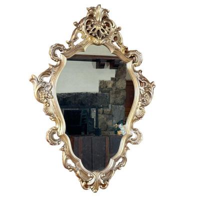 ROCOCO STYLE MIRROR | Varying gold hues add a rich depth to this composite framed mirror with floral and regal relief. - l. 47 x w. 34 in

