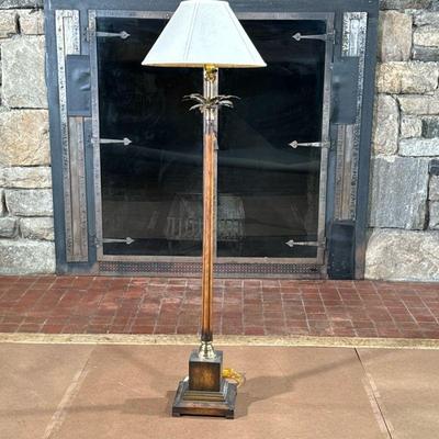 PEDESTAL FLOOR LAMP | Carved wood standing lamp with fluted column and brass leaves on top with pedestal vase. - l. 9 x w. 9 x h. 60 in

