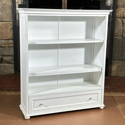 WHITE SHELVING UNIT | There are 4 shelves, one shelf is double stacked. The bottom drawer is operational and slides easily. - l. 42 x w....