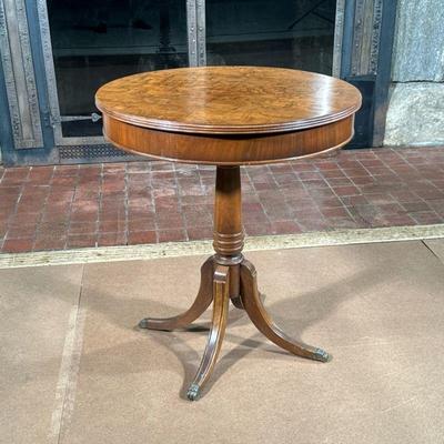 DRUM SIDE TABLE | Having burl wood veneer top over turned wood pedestal base with brass claw feet. - h. 25 x dia. 28 in


