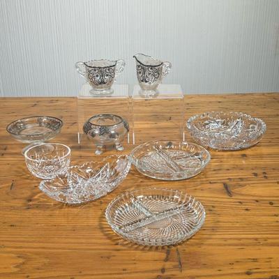 (9PC) SILVER OVERLAY & CUT GLASS GROUP | Including: silver overlay on glass compotes small bowl, sugar bowl & creamer, and assorted cut...
