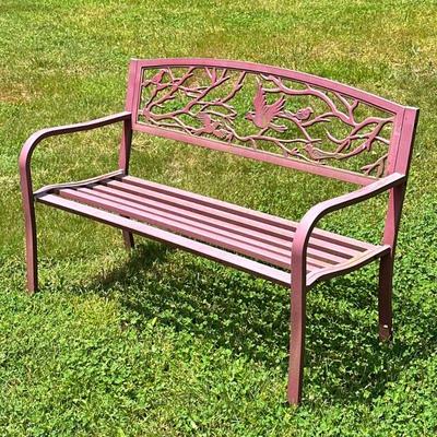 BIRD DECORATED RED PAINTED BENCH | Aluminum, Having avian-themed cast metal back and slatted seat with curved arms, painted red. - l. 50...