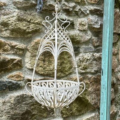 ANTIQUE WROUGHT IRON HANGING PLANTER | Painted white wrought iron hanging planter, with liner. - h. 35 x dia. 18 in

