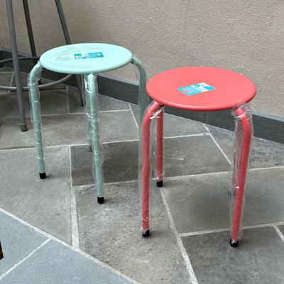 (2PC) PAIR LOW METAL STOOLS | Including one red and one blue low stool. - h. 17.5 x dia. 11.5 in

