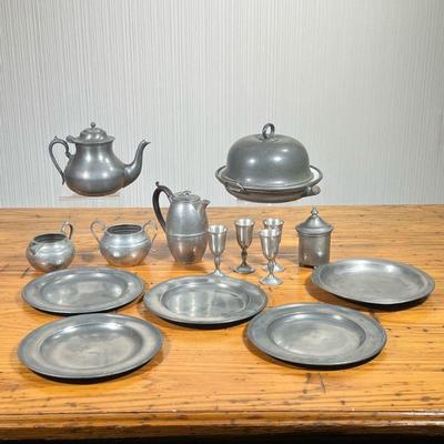 (16PC) ASSORTED PEWTER | Includes: 4 cordial glasses, 2 teapots, creamer & sugar bowl, 4 plates, plate warmer and more! - h. 6.5 x dia. 9...