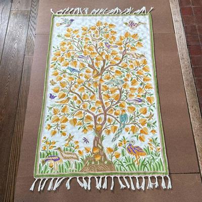 INDIAN HAND STITCHED TAPESTRY | Showing vibrant colorful birds amongst a tree on white background. - l. 57 x w. 36 in

