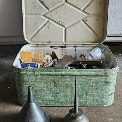 Vintage Metal Toolbox w/ Funnels, Nails, Tools, & More