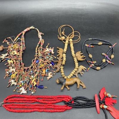 4- Wooden Bead Necklaces w/ Tropical Bird & Safari Animals