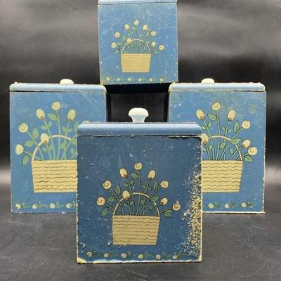 Set of 4 Vintage Wooden Canisters w/ Plastic Liner