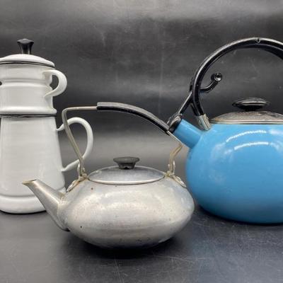 2- Vtg. Coffee Percolator & Kettle + Blue Kettle