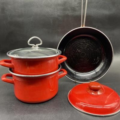 (3) Red Enameled Cookware: Lidded Skillet, Double
