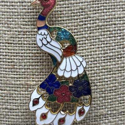 Cloisonné Enameled Peacock Brooch