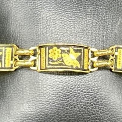 Damascene Style Gold Tone Engraved Link Bracelet
