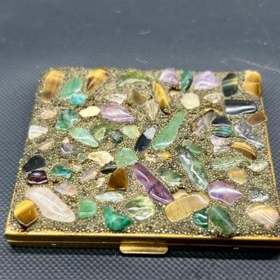 Vintage Bejeweled Gilt Brass Compact