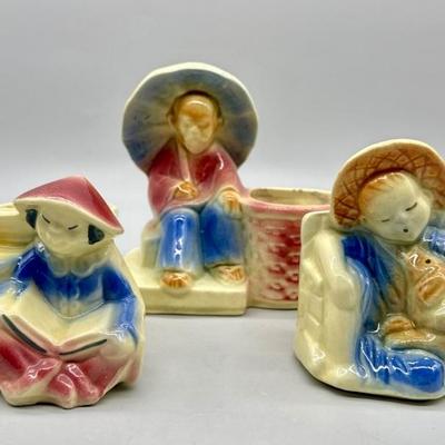 (3) Vintage Shawnee Pottery Figural Asian Planters