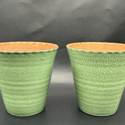(2) Green Crackle Finish Planters