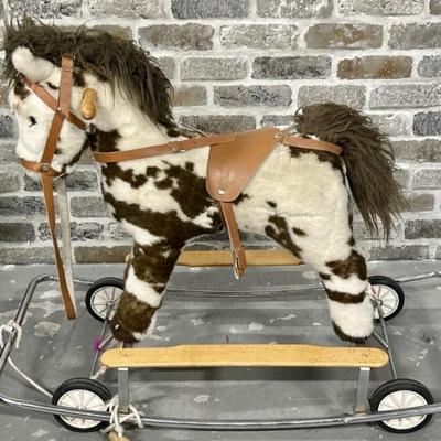 Vintage Plush Riding Pony on Rolling Cart