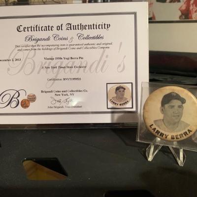 1950's Yogi Berra pin COA