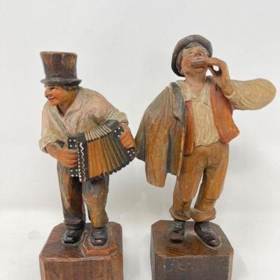 (2) Hand Carved Wooden Figures Playing Instruments