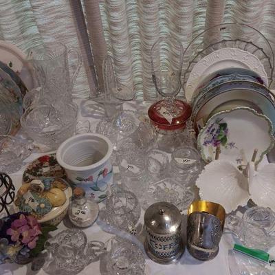 Vintage plates, silverplated items, cut glass.