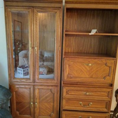 2 of matching 3-bookcase set. Display cabinet has lighting. Dimensions of each: 77