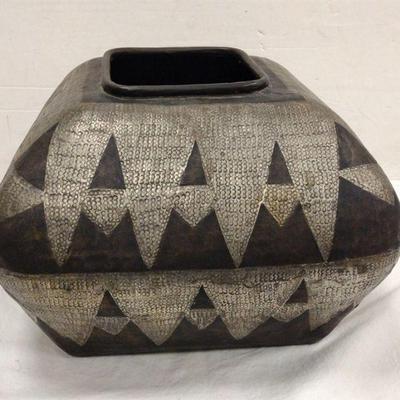 Patinated brass planter with silvered inset geometric pattern