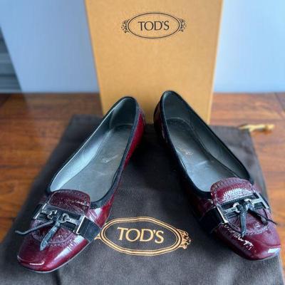 Tod's Burgundy Patent Leather Flats, Size 8