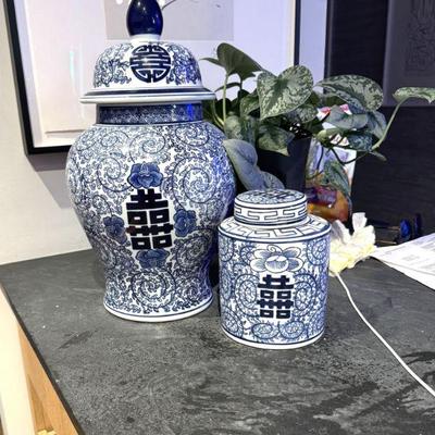 Pair Of Blue & White Chinoiserie Ginger Jars