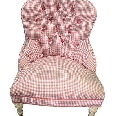 Salmon Pink Gingham Tufted Chair