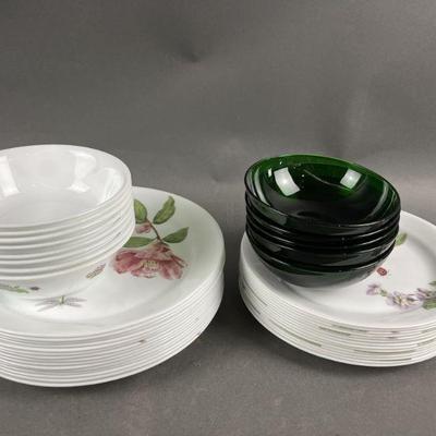 Lot 367 | Corelle China and Green Glass Bowls and Plates
