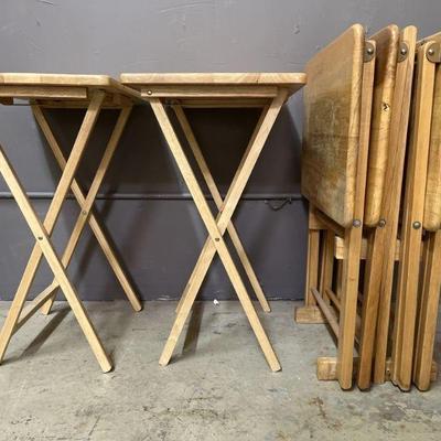 Lot 487 | 6 Folding TV Tables Solid Wood and Rack
