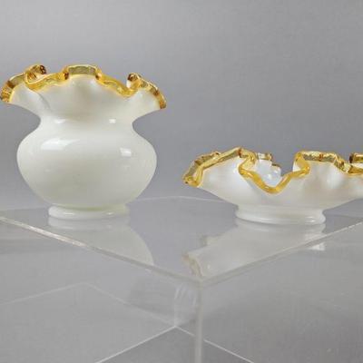 Lot 7 | Fenton Gold Crest Ruffled Milk Glass Vase & Dish