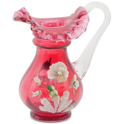 Fenton Cranberry Glass Pitcher Hand Painted Signed M. Olmstead