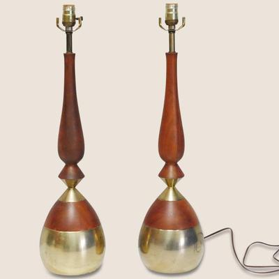 Pair of Tony Paul for Westwood MCM Sculpted Walnut & Brass Table Lamps