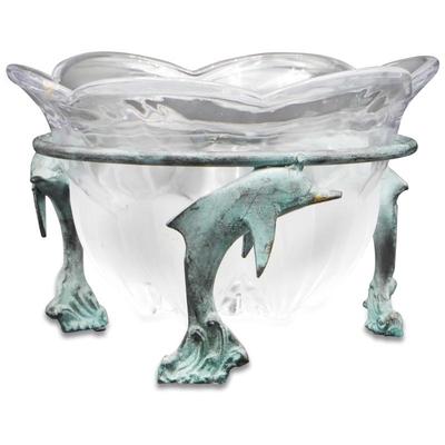 San Pacific Cast Iron Dolphin Stand & Glass Bowl w/Frosted Shell Design