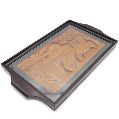 Carved Wood Tray w/Glass Panel Top
