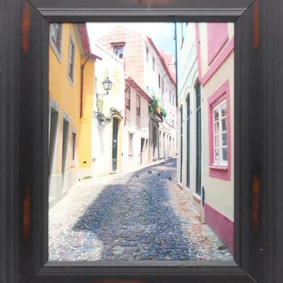 Framed Colorful Artwork City Scape Painting Narrow Street & Houses