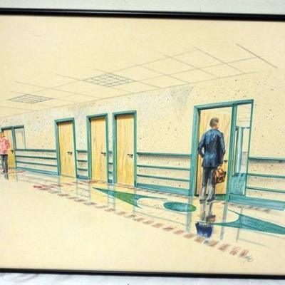 1190	MID CENTURY MODERN ARTIST SIGNED PERSPECTIVE WATER COLOR OF OFFICE INTERIOR, APPROXIMATELY 24 IN X 18 IN OVERALL
