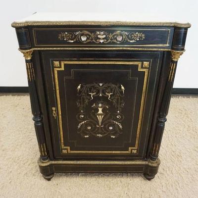 1229	ORNATE VICTORIAN MARBLE TOP 1 DOOR CABINET WITH METAL TRIM AND MOUNTS, MOTHER OF PEARL INLAY IN AN EBONIZED FINISH, SOME LOSS TO...