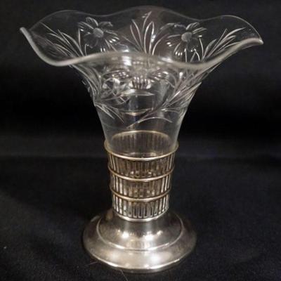 1065	STERLING SILVER BLACK STARR & FROST VASE WITH WHEEL CUT GLASS INSERT, APPROXIMATELY 5 IN X 5 IN H
