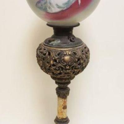 1034	VICTORIAN BANQUET LAMP W/IMAGE OF WOMAN PLAYING GUITAR ON SHADE & MARBLE COLUMN CENTER, APPROXIMATELY 37 IN HIGH
