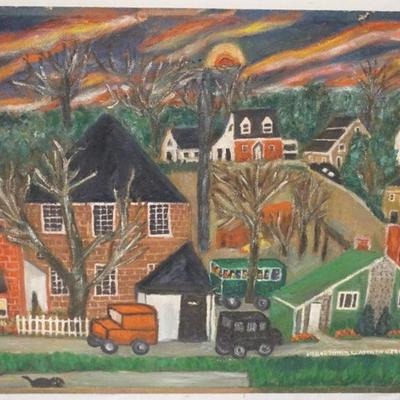 1187	OIL PAINTING ON BOARD, FOLK ART PAINTING OF STREET SCENE, ARTIST SIGNED, APPROXIMATELY 19 IN X 23 IN, DRAWING ON BACK OF BOARD
