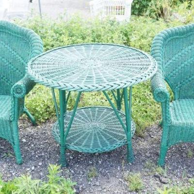 1238	3 PIECE GREEN WICKER PATIO SET, TABLE WITH 2 CHAIRS, TABLE APPROXIMATELY 36 IN X 30 IN H
