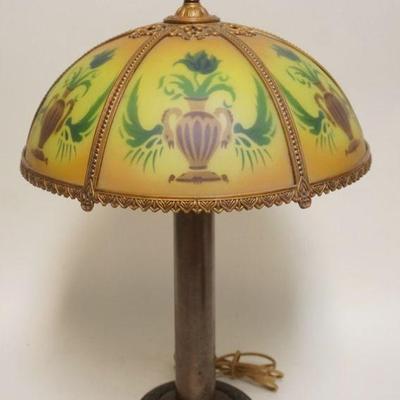 1135	ANTIQUE REVERSE PAINTED GLASS TABLE LAMP, APPROXIMATELY 28 IN H
