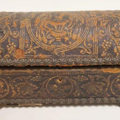 1029	ANTIQUE HAND TOOLED LEATHER MINIATURE DOME TOP TRUNK W/TACK ACCENTS, APPROXIMATELY 9 IN X 5 IN X 5 IN
