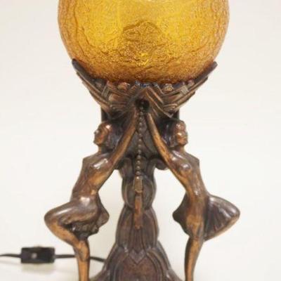 1017	ART DECO CAST METAL FIGURAL NUDE DRESSER LAMP W/AMBER GLASS SPHERE SHADE, APPROXIMATELY 13 IN HIGH
