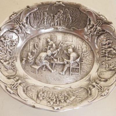 1064	EMBOSSED SILVER TRAY DEPICTING AN ENGLISH PUB SCENE, APPROXIMATELY 5 1/2 IN X 4 1/2 IN, 2.69 TOZ
